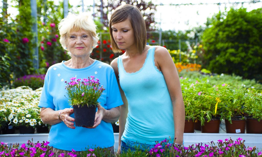 An older woman and young friend at a garden centre selecting potted plants.